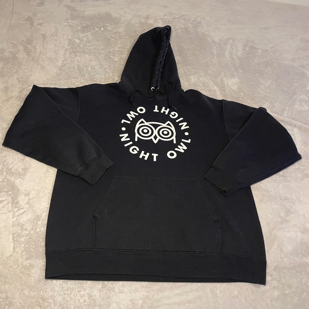 Vintage Y2K Night Owl Port & Company Core Fleece Hoodie Black Mens Large Sweater